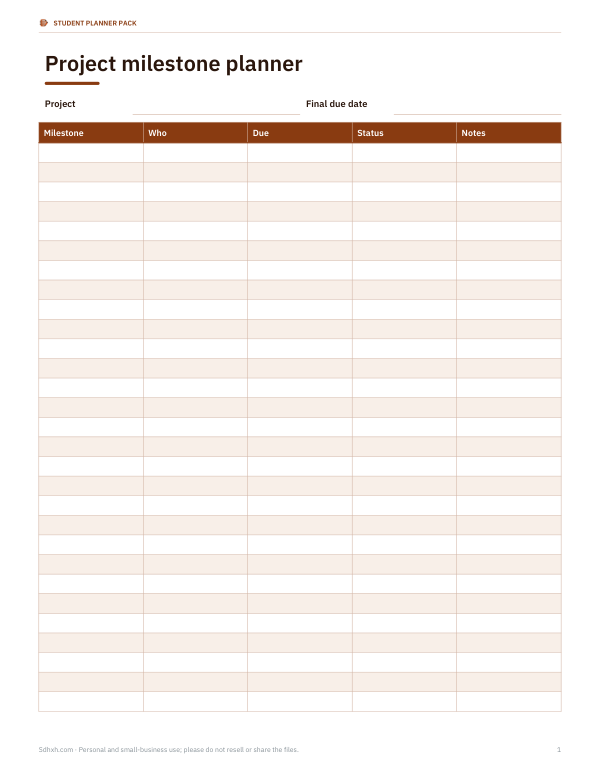 Preview of Printable Project Milestone Planner