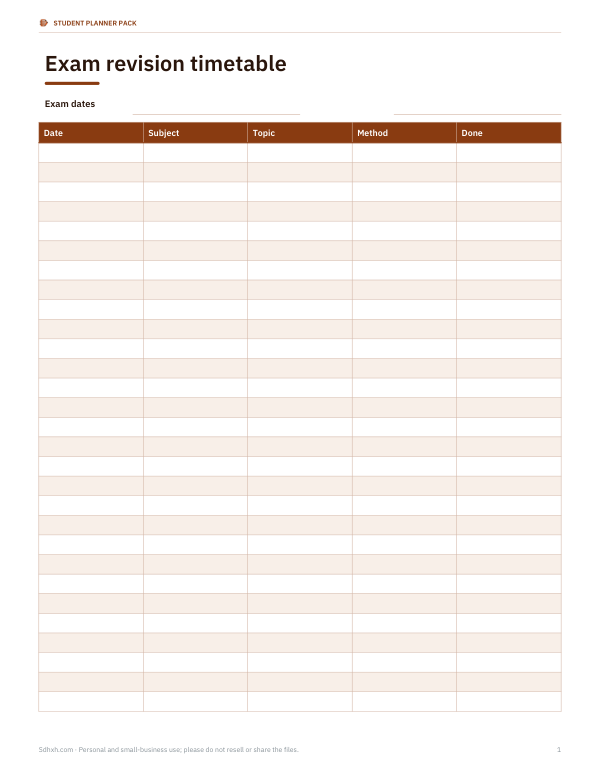 Preview of Printable Exam Revision Timetable